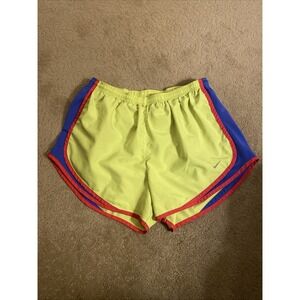 NIKE WOMEN'S DRI-FIT LINED RUNNING SHORTS LIME‎ GREEN/PINK/BLUE SIZE L POLYESTER